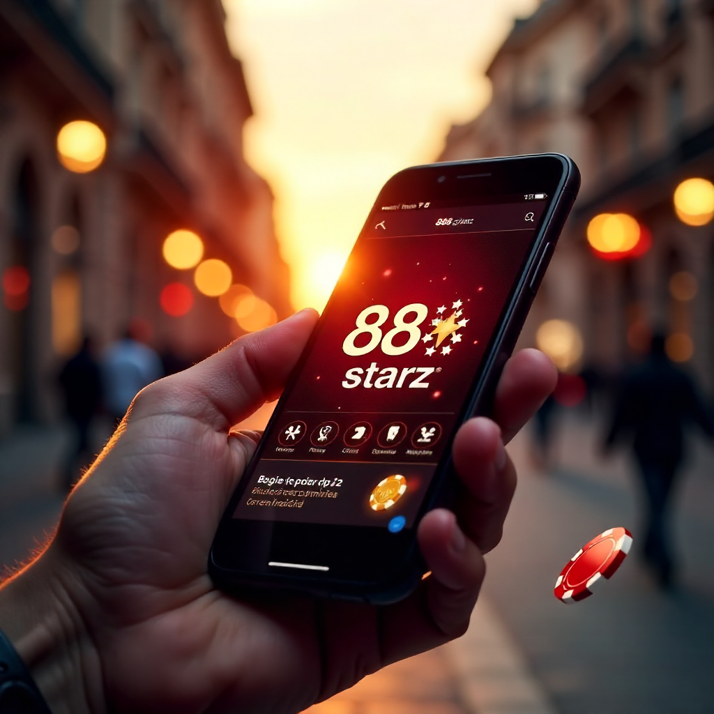 A premium smartphone in a hand with the 888starz app interface, background featuring a blurred Gran Vía in Madrid at sunset, 3D flying gold coins and red poker chips, brand colors red and black, hyper-realistic, 8k.